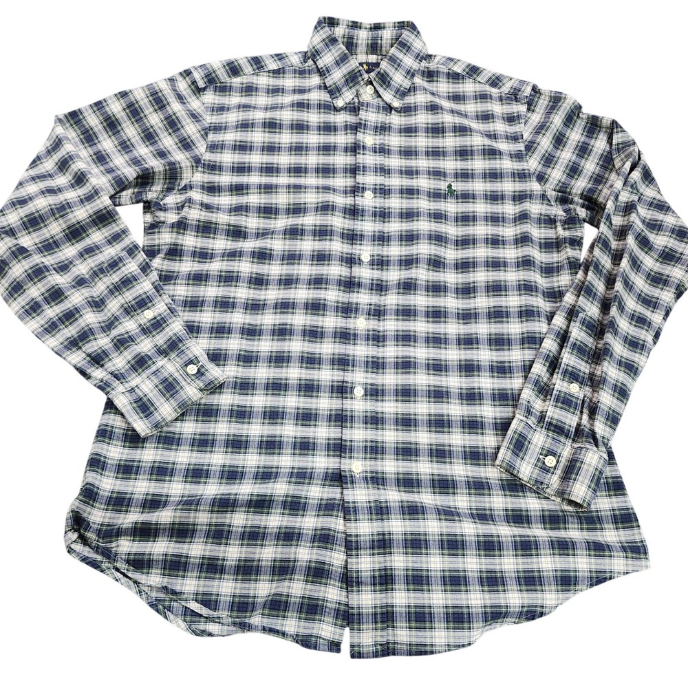 Ralph Lauren Mens Custom Fit Plaid Button Down Shirt Navy Blue Green Medium